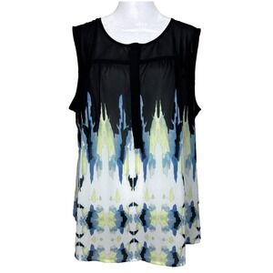 Rose and Olive Sleeveless Blouse Top‎ Womens 1X Watercolor Abstract Sheer Boho